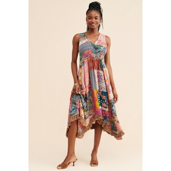 Anthropologie Dresses & Skirts - ANTHROPOLOGIE Margaux Midi Asymmetrical Dress Patchwork Leopard Boho Lounge Sz L